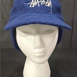 VTG Stussy Fleece Earflap Cap Snapback Hat USA 90s Y2K Logo Streetwear Blue RARE